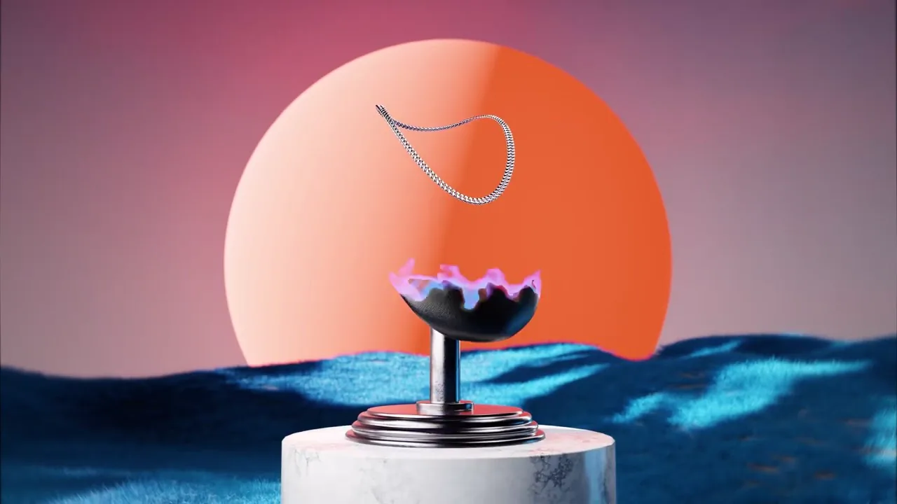 A silver necklace above a sculpted display stand, blue landscape and orange sun