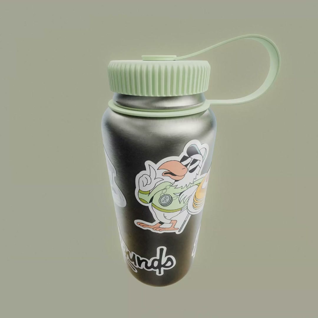 Rounds flask with a mint lid, illustrated stickers and the script wordmark