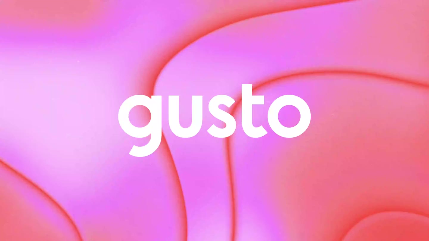 Gusto UI design showreel combining animated layouts with warm desktop, laptop and phone scenes