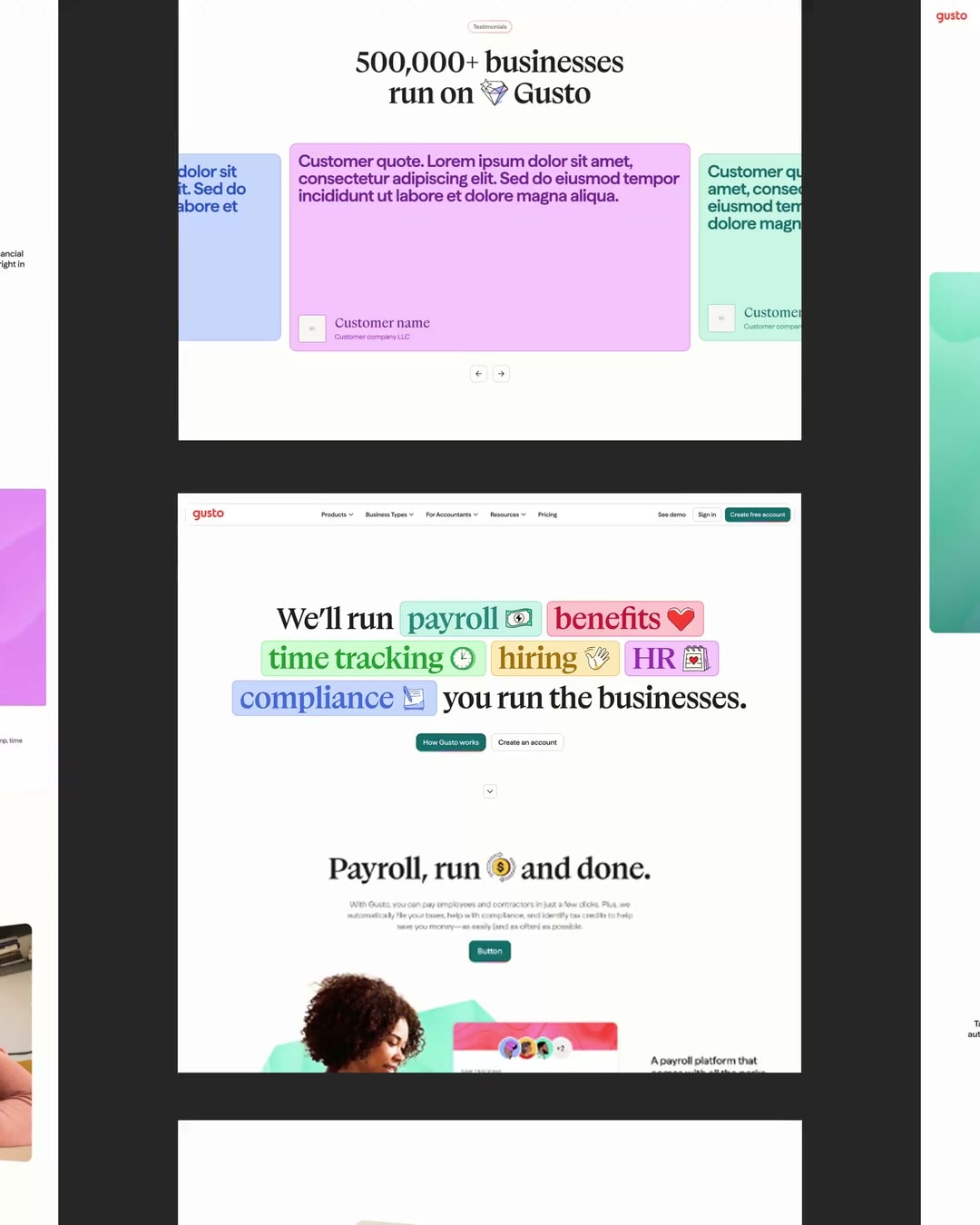 Gusto page templates transitioning through layouts and colourful cursor interactions