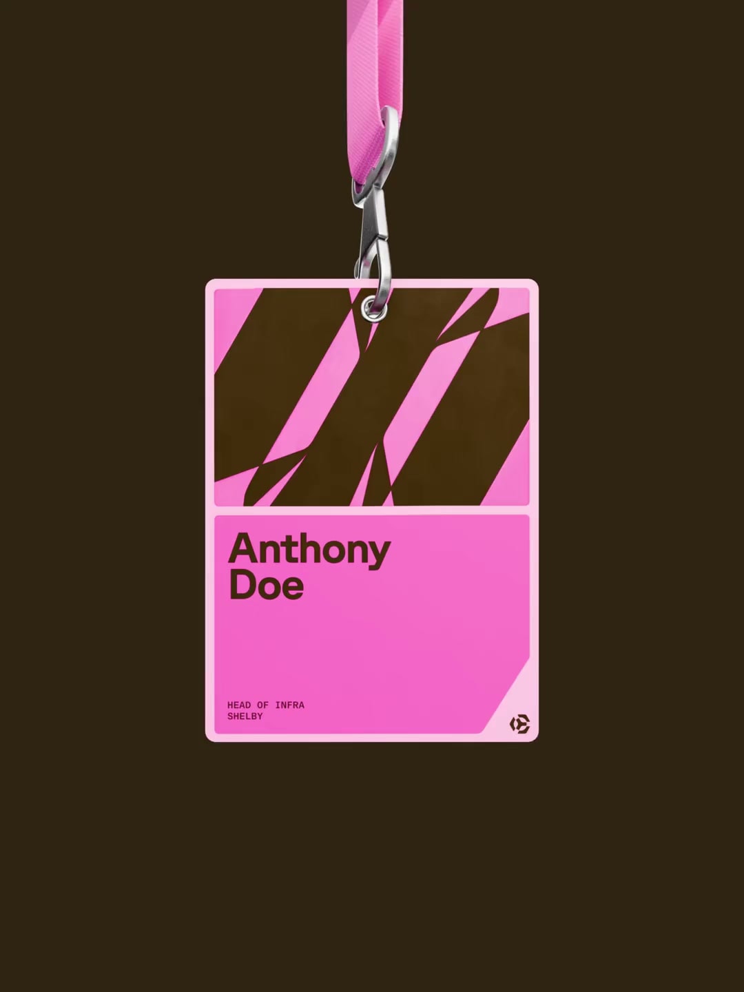 Pink Shelby event badge and lanyard rotating to show both sides