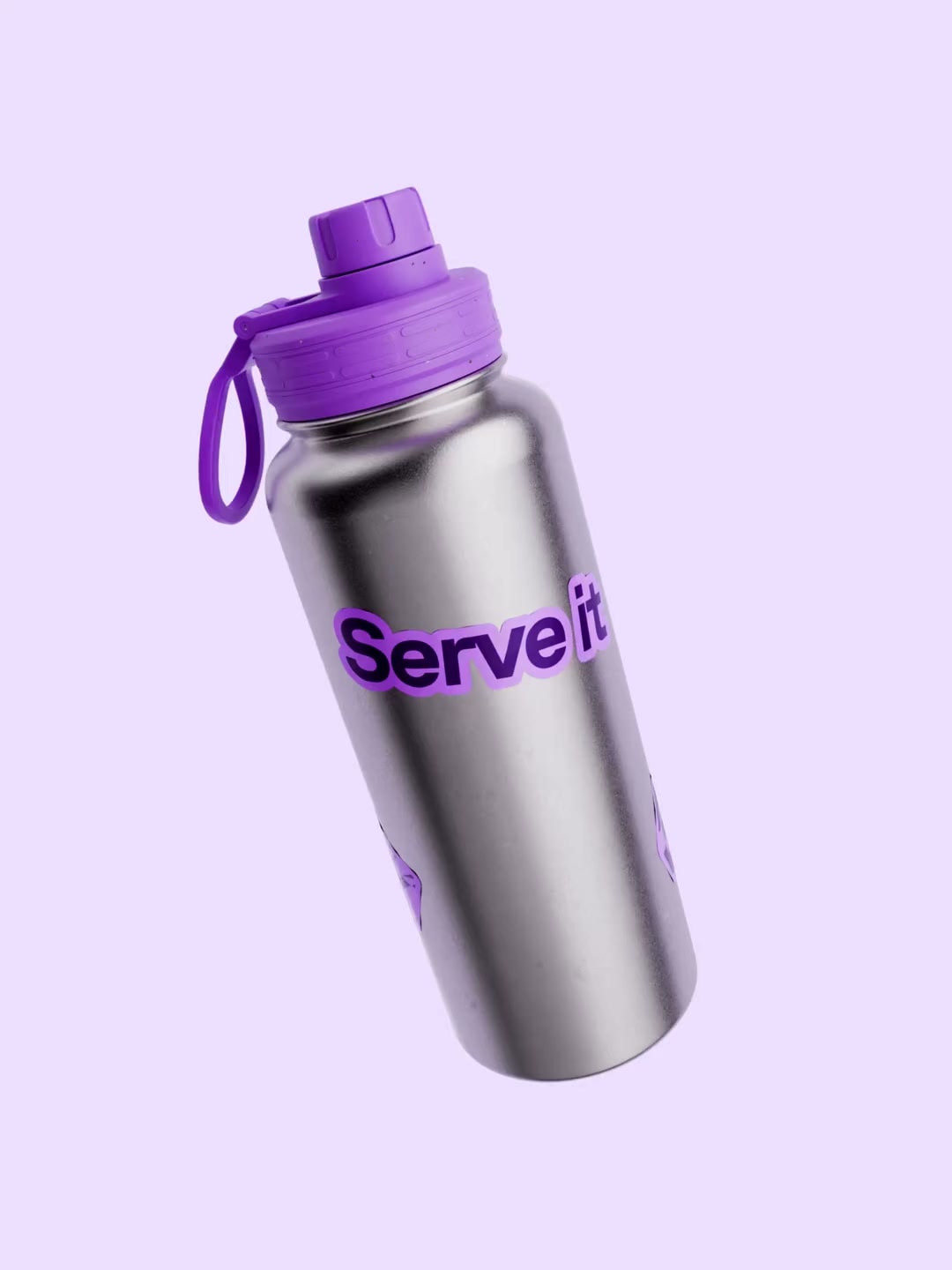 Metal Shelby bottle with a purple lid and printed branding rotating on a lilac background