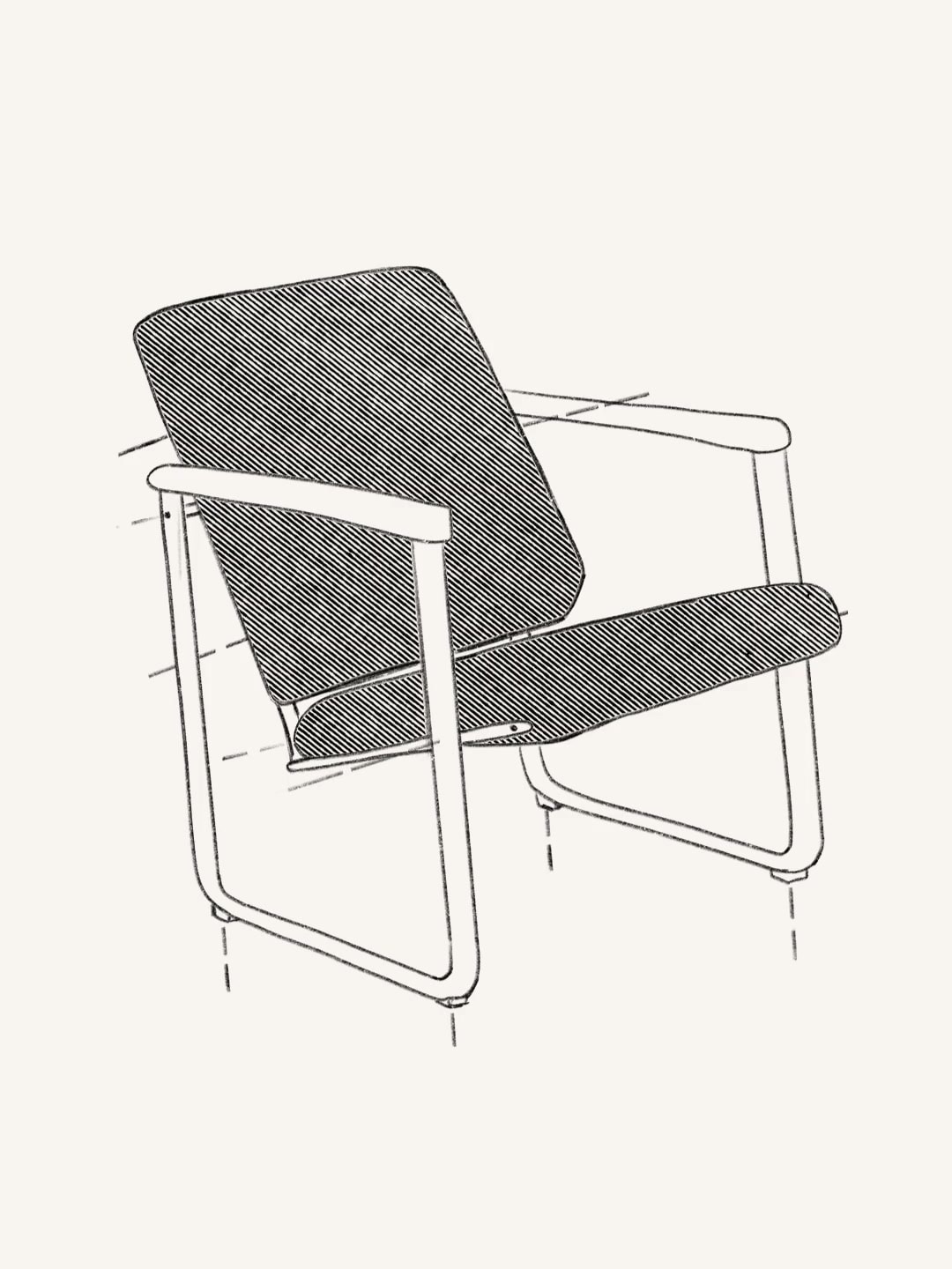 Vizcom chair changing from a monochrome sketch to orange upholstery and a blue frame