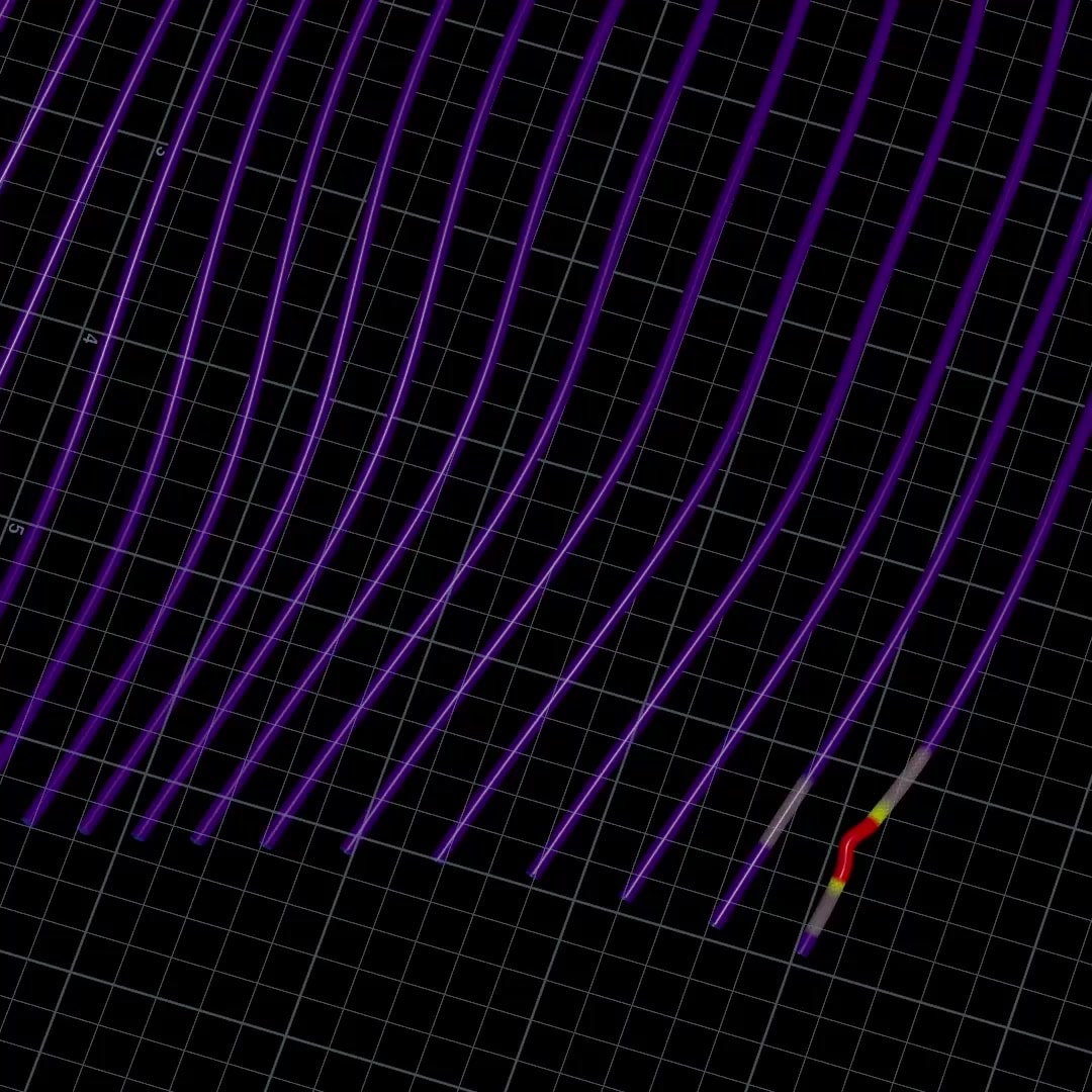 Knitting simulation breakdown showing red yarn loops building across a purple guide mesh